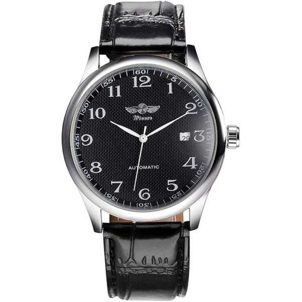 Mens Watches Automatic Mechanical Black Dial Leather Strap Wrist Watch